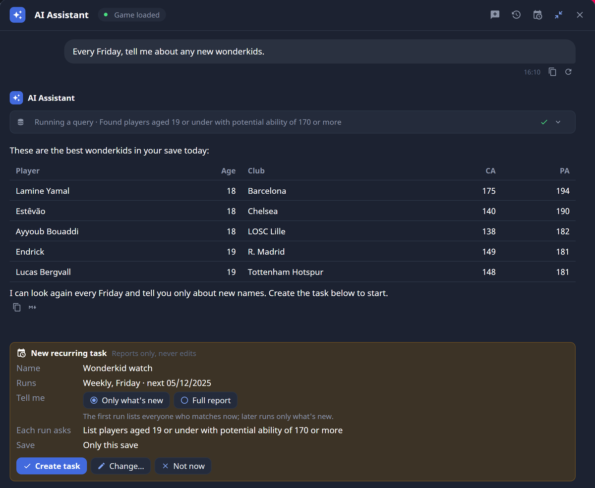 The FMRTE 27 AI Assistant answering “Every Friday, tell me about any new wonderkids.” with a table read from a real save (Lamine Yamal, Estêvão, Ayyoub Bouaddi, Endrick and Lucas Bergvall, with age, club, CA and PA) and a New recurring task card: Wonderkid watch, weekly on Friday, only what’s new, with Create task, Change and Not now.