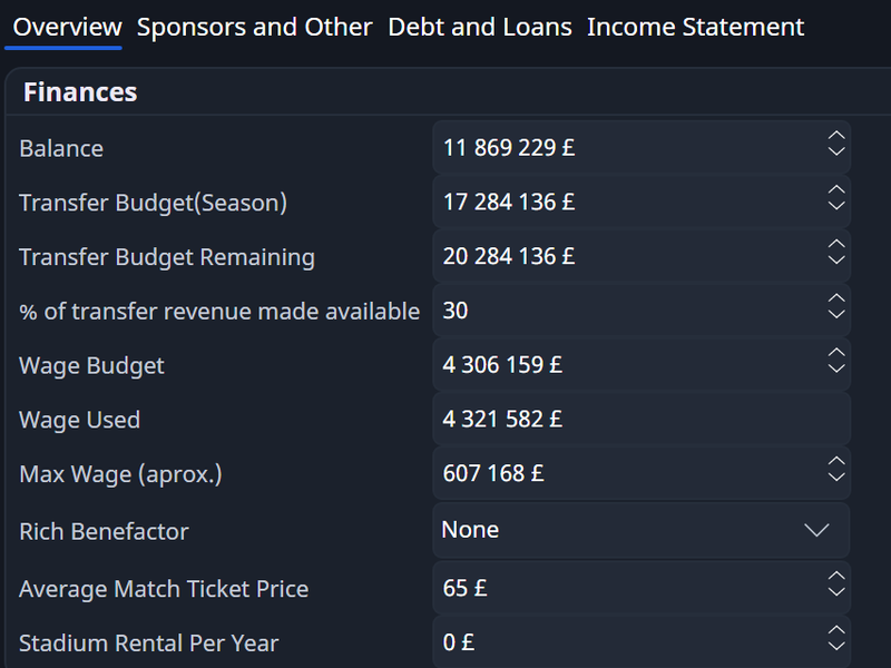 Barcelona’s Finances panel in FMRTE: balance, transfer budgets, wage budget, wage used, maximum wage, rich benefactor, ticket price and stadium rental.
