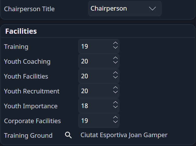 Barcelona’s Facilities panel in FMRTE: Training, Youth Coaching, Youth Facilities, Youth Recruitment, Youth Importance and Corporate Facilities, plus the training ground.