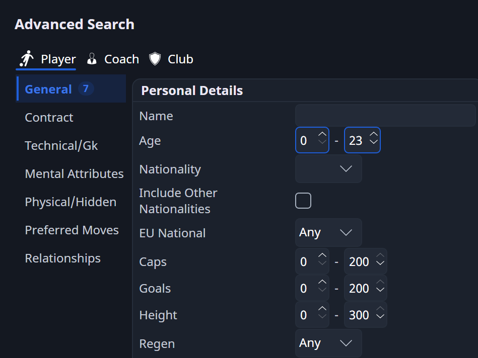 Advanced Search with seven filters set, Age 0 to 23 highlighted, as Quick search opens it for “young winger from barcelona”.