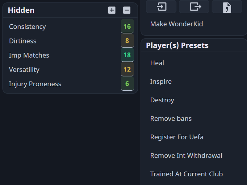 Lamine Yamal’s hidden attributes beside the Make WonderKid button and the presets list: Heal, Inspire, Destroy, Remove bans and more.