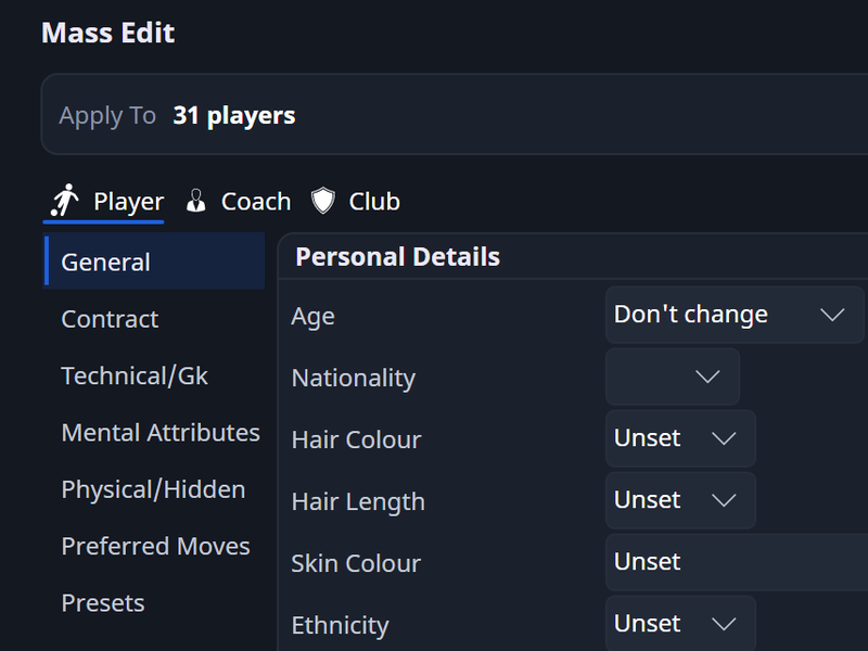 FMRTE Mass Edit aimed at Barcelona’s first team: Apply To 31 players, Player, Coach and Club tabs, categories down to Presets, and Personal Details set to Don’t change.