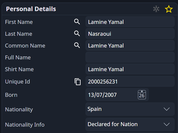 Lamine Yamal’s Personal Details panel: names, Unique Id, date of birth and nationality, all editable.