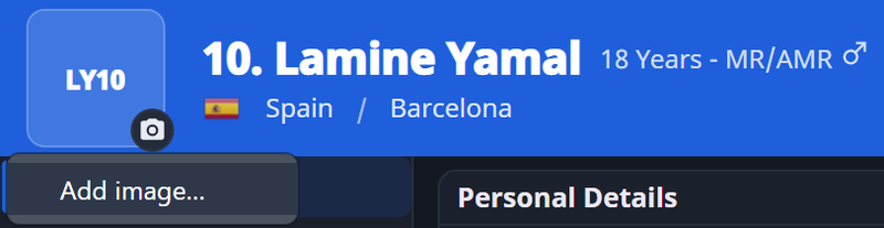 The FMRTE 27 page header for Lamine Yamal: the initials avatar with its camera button open on “Add image…”.